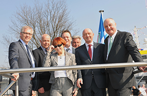 Theresa Martin (3rd from left) is pictured with Jacques Naaborgh, financial director, Chemgas; Eric Coenen, master of the Brisote; Etienne Wesselman, commercial director, Chemgas; Klaus Valentin, managing director of Reederei Jaegers, of shareholder RJ Group. Richard Martin, managing director, Flogas Ireland and Dr. Gunther Jaegers, chief executive officer, Chemgas, Jaeger Group.