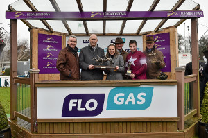 John Rooney, managing director, Flogas Ireland (2nd from left), makes the presentation to the winners of the Flogas Novice Steeplechase -  Michael O'Leary, Megan O’Leary, jockey Bryan Cooper and Edward O'Leary of Gigginstown House Stud, and trainer Willie Mullins.