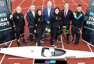 At a photocall in Lourdes Stadium Drogheda to announce Flogas as an official partner to Paralympics Ireland and the new additions to its brand ambassador team were l/r: canoeist Dr Patrick O’Leary, Liam Harbison, ceo, Paralympics Ireland, cyclist Katie George-Dunlevy, John Rooney, managing director, Flogas Ireland, cyclist Eve McCrystal, Patrick Haslett, commercial director, Paralympics Ireland and runner Michael McKillop.  Discus thrower Niamh McCarthy also becomes a Flogas brand ambassador.