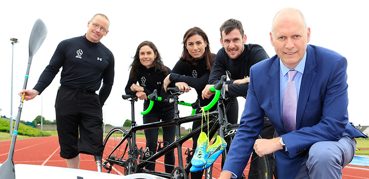 At a photocall in Lourdes Stadium Drogheda to announce Flogas as an official partner to Paralympics Ireland and the new additions to its brand ambassador team were l/r: canoeist Dr Patrick O’Leary, cyclists Katie George-Dunlevy and Eve McCrystal, runner Michael McKillop and John Rooney, managing director, Flogas Ireland.