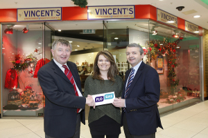 l/r Eoin O’Flynn, marketing manager, Flogas Ireland (right) making a donation on behalf of the company towards the St. Vincent De Paul’s annual Christmas Appeal to Joe Sweeney, area president and Karen Craig on Wed 9th December at Vincents shop in the Laurence Centre, Drogheda.