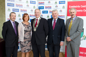 l/r Eoin O Flynn, Flogas; Mary T Daly, Louth County Council; Cllr Oliver Tully, Cathaoirleach Louth County Council; Fergus O Dowd TD and Captain Martin Donnelly, Drogheda Port, at the launch of The Irish Maritime Festival