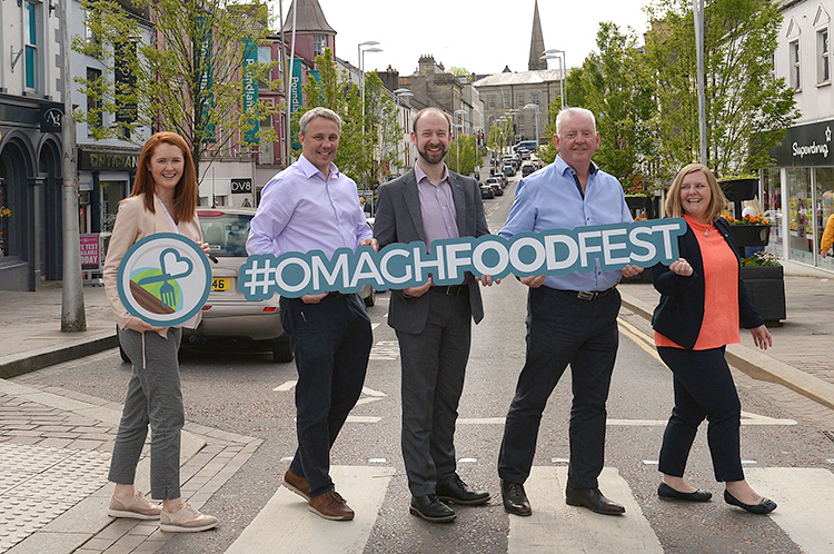 Launching the 2019 Omagh Food Festival are (l/r), Mairead Kelly, Ulster Herald, the event organiser, Allan Duncan, Silverbirch Hotel, Paul Ruegg, senior marketing executive, Flogas, Michael McElroy, Main Street Omagh and Cllr Siobhan Currie, chair, Fermanagh and Omagh District Council.