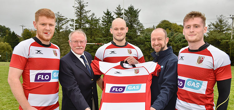 At photocall to announce the Flogas jersey sponsorship at Randalstown RFC were: (l-r) Emmett Crawford, Jimmy Parkhill (club president), David Millar (captain), Paul Ruegg (senior marketing executive for Flogas), & Chris Donnelly