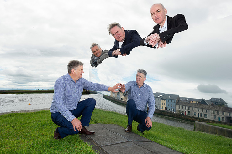 L/r Ken O’Byrne, commercial director, Flogas Energy (kneeling) with Paul Fahey, artistic director,  John Crumlish, chief executive officer and Declan Gibbons, Galway line producer, Galway International Arts Festival with a section of the Mirror Pavilion, the centrepiece of this year’s Festival.
