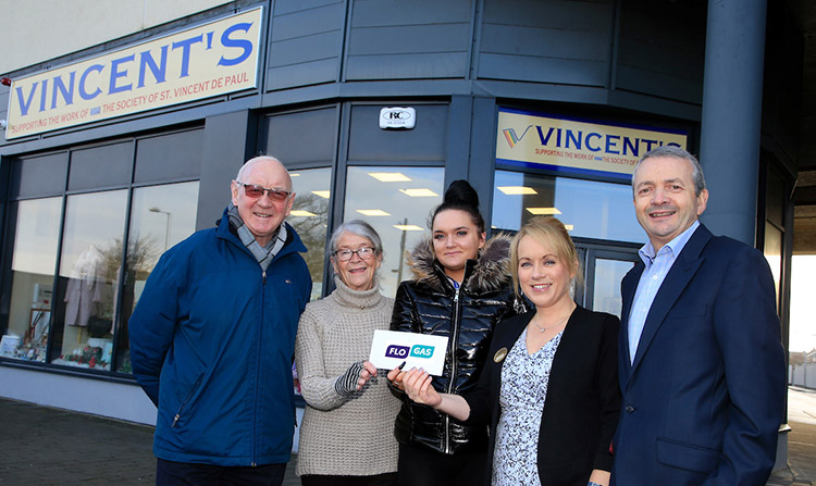 Eoin O'Flynn (far right), marketing manager, Flogas Ireland presenting a cheque to Michael Grogan, area president, St. Vincent de Paul and Anne Dowd, Natasha Roche and Lisa Kearney from its new Vincent’s shop in Bettystown.