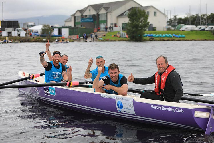 l/r Shay Dunne, Andrew Breen, Joe Quinn, Peter Doyle and George O’Brien from Vartry Rowing Club, winners of the 2017 Celtic Longboat Men’s race at the 2017 Coastal Rowing Championships.
