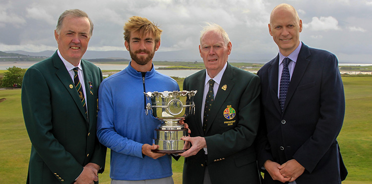 GUI president Jim McGovern presents the trophy to the winner James Newton of the 2019 Flogas Irish Amateur Open Championship,  with Kevin Flanagan, club captain, Co. Sligo Golf Club, Rosses Point and John Rooney, managing director, Flogas Ireland.