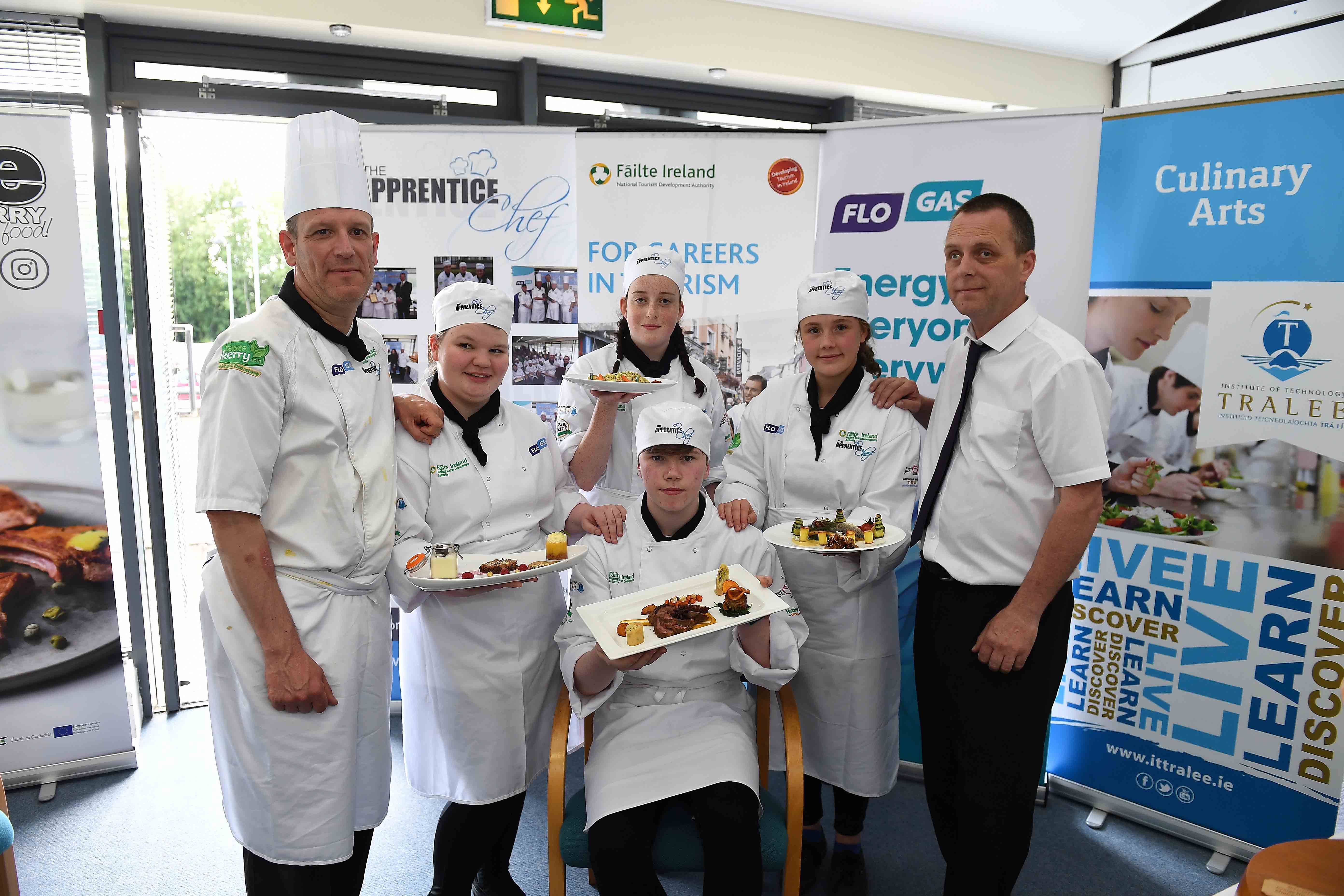 Caption: Mark Doe of Just Cooking, co-founder of the Schools Apprentice Chef programme (left) with Mike Murphy, Flogas sales representative (right) and L/R - Kelly English from Midleton 3rd, winner Padraic Randles from Kenmare, the 2017 Supreme Apprentice Chef, Lauren Wall from Co Waterford and Emily O'Hara from Midleton. joint 2nd