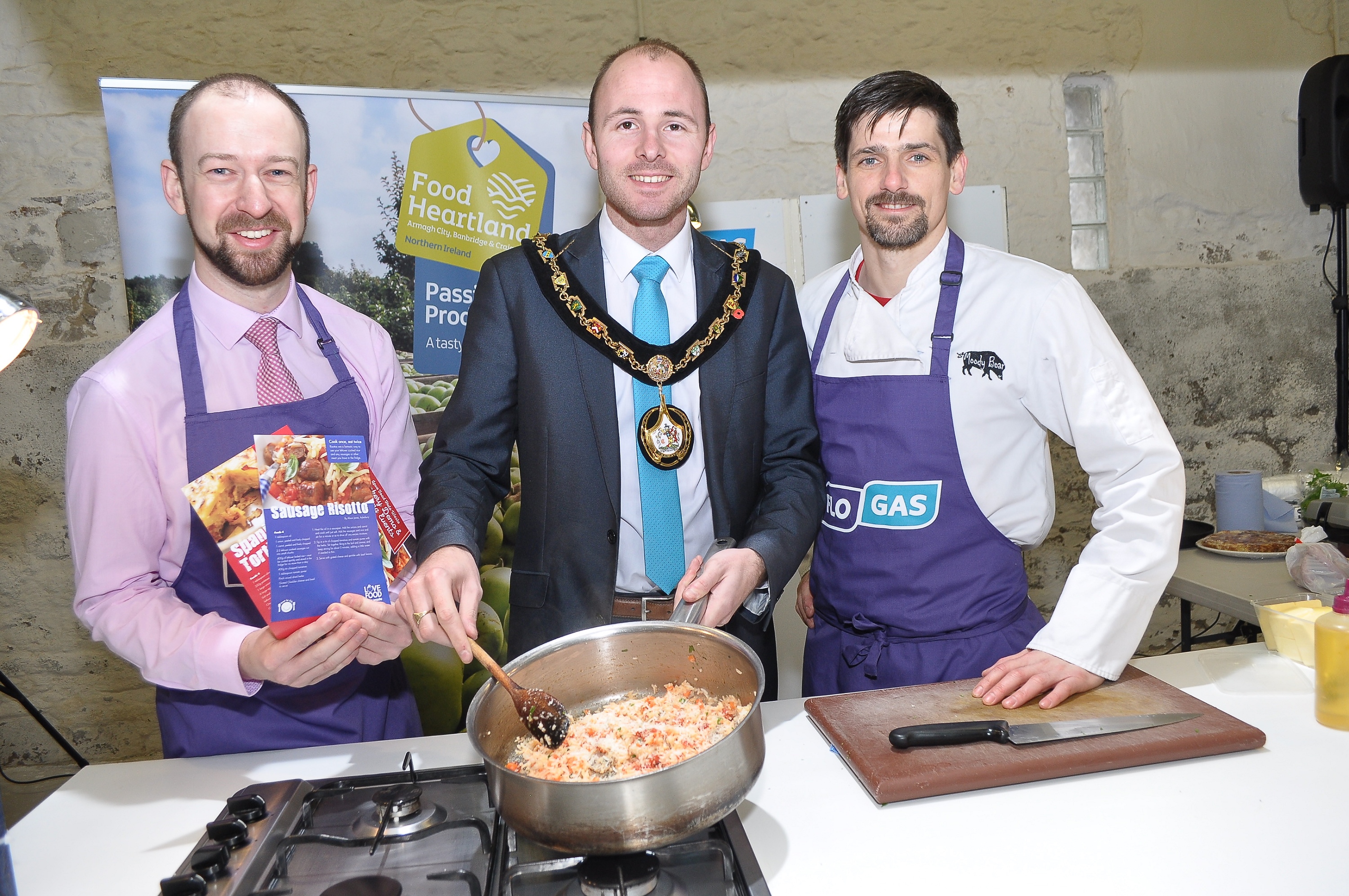 Lord Mayor of Armagh, Banbridge and Craigavon Councillor Darryn Causby with chef Sean Farnan and Paul Ruegg from Flogas – CREDIT: LiamMcArdle.com