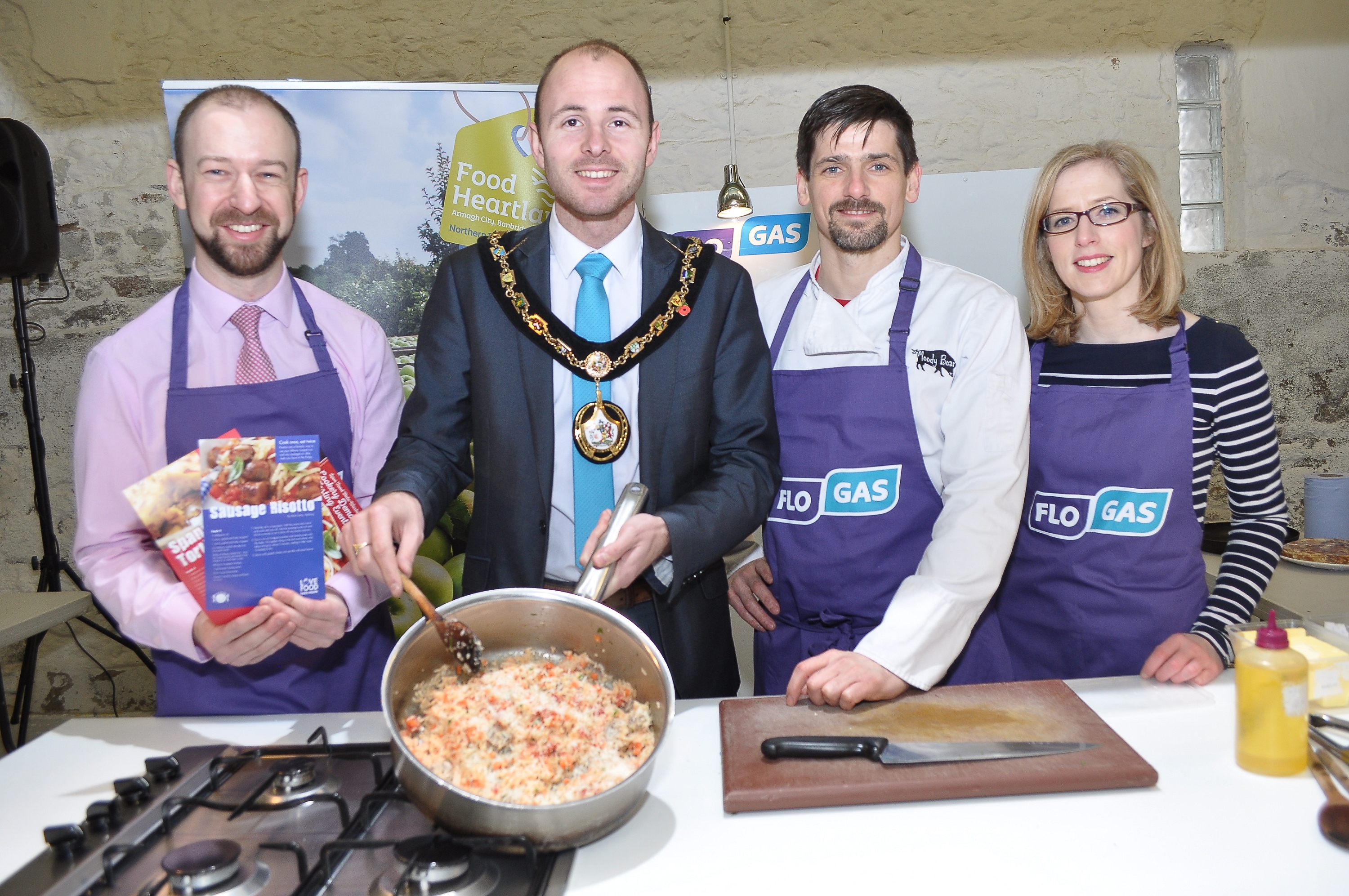 Lord Mayor of Armagh, Banbridge and Craigavon Councillor Darryn Causby with chef Sean Farnan, Paul Ruegg from Flogas and Jolene McColgan Development Officer (Markets & Open Spaces) – CREDIT: LiamMcArdle.com